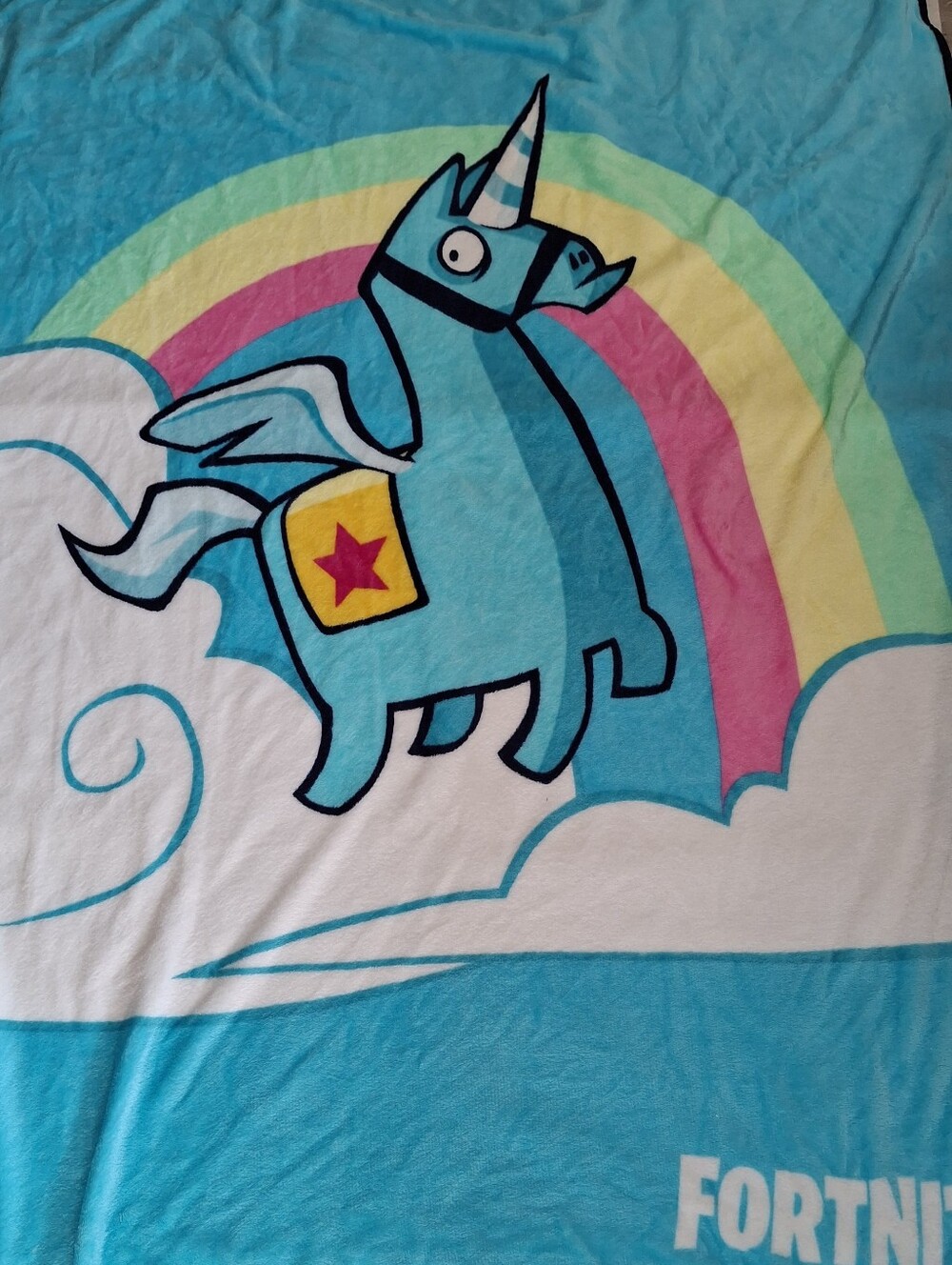 NWOT Fortnite Brite Unicorn Fleece Throw Blanket 46x60 Blue Rainbow